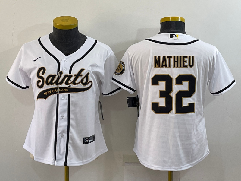 Women's New Orleans Saints #32 Tyrann Mathieu White With Patch Cool Base Stitched Baseball Jersey(Run Small)
